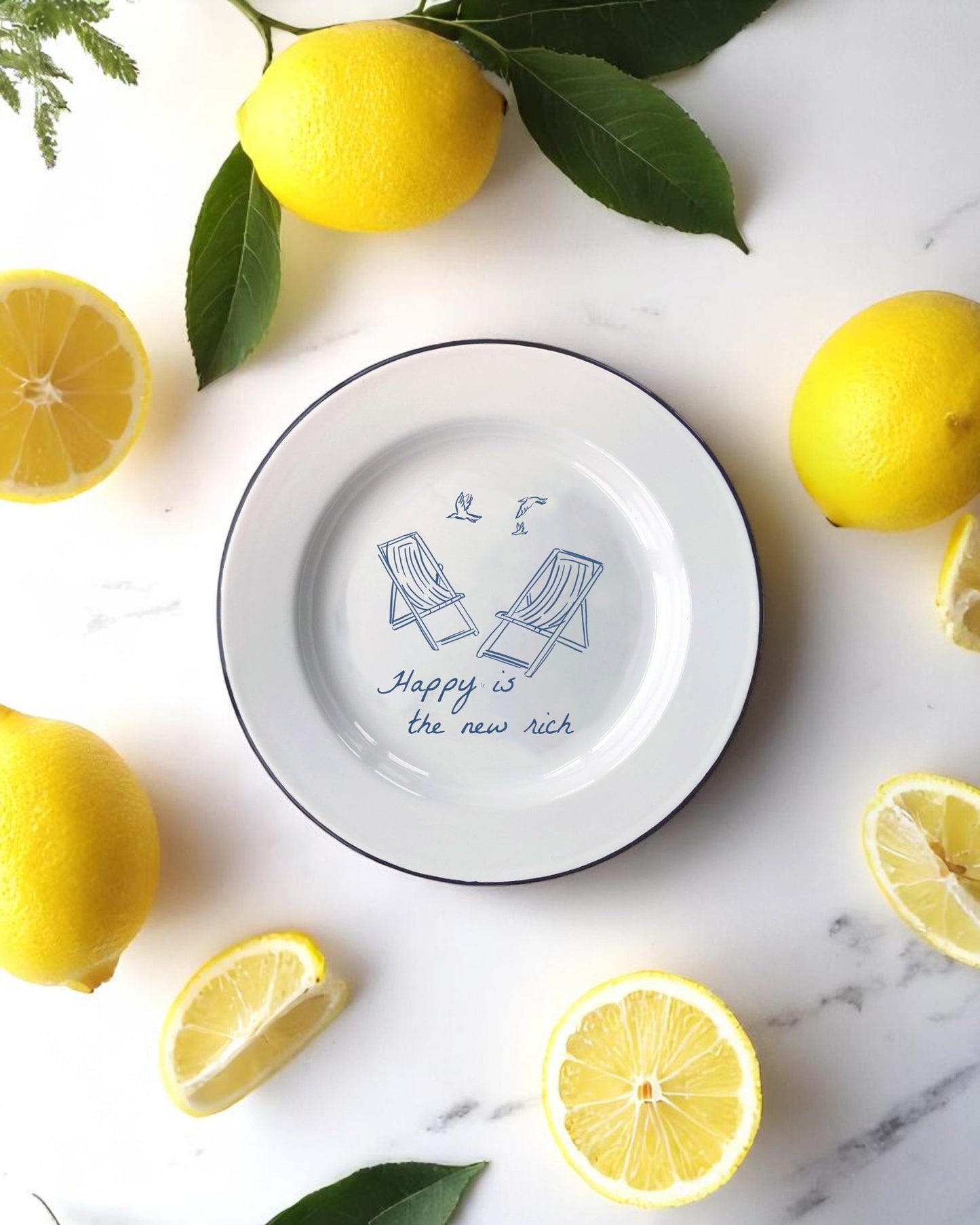 Happy is the new rich, enamel plate