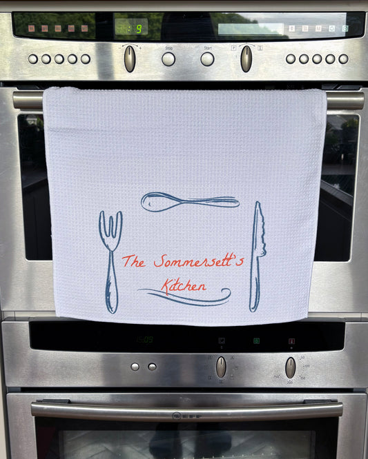 Our kitchen, personalised waffle tea towel
