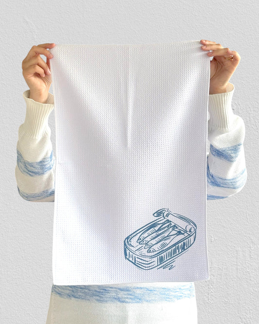 Sardine tin, waffle tea towel