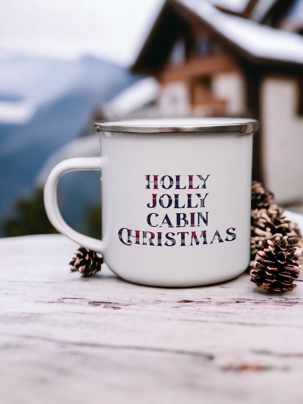 Holly Jolly Cabin Christmas Enamel Camping Mug