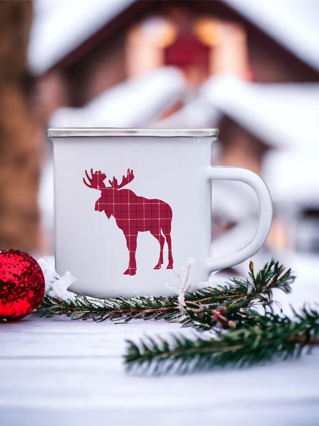 Plaid Moose Enamel Camping Mug
