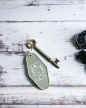 Load image into Gallery viewer, Let&#39;s go camping retro motel style keyring