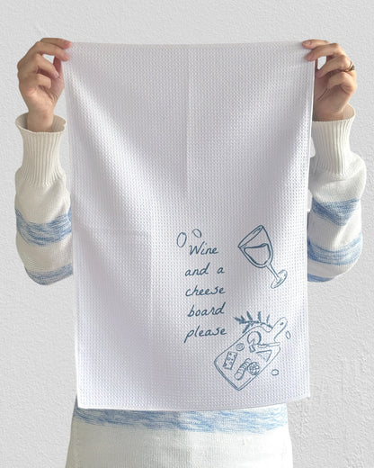 Wine and a cheese board, waffle tea towel