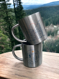 Set of Two Mountain & Adventure themed stainless steel camping mugs