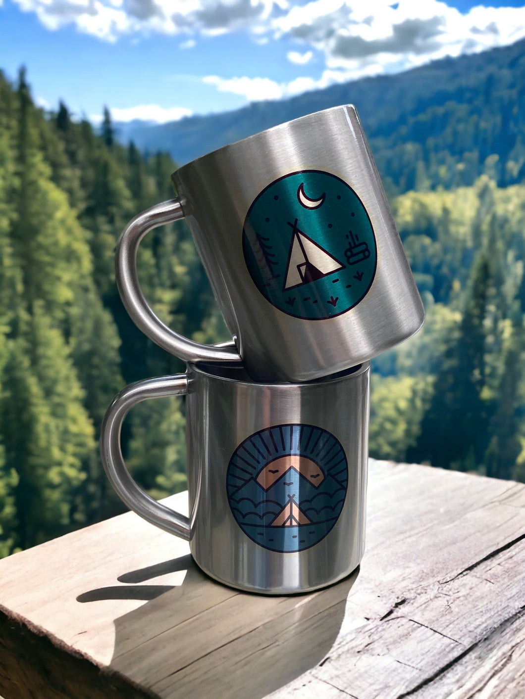 Set of Two Mountain & Adventure themed stainless steel camping mugs