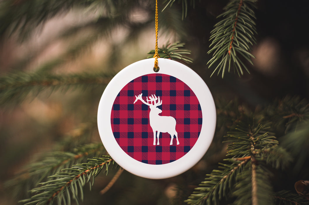 Plaid Deer Stag Ceramic Ornament